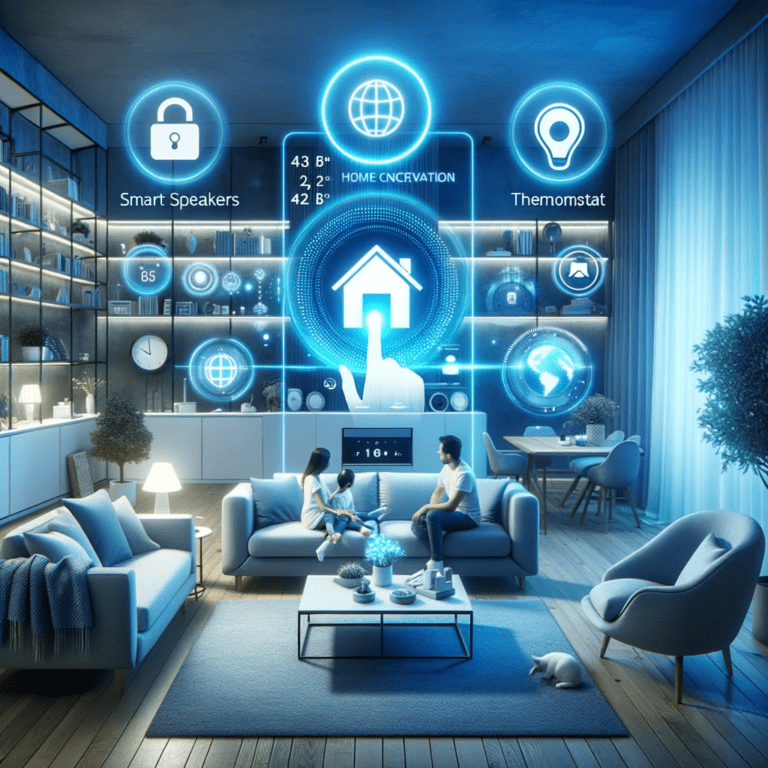 The holographic AI interface in the center showcases the integration and convenience of Smart Home AI as a family interacts with it.